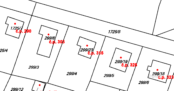 Košťálov 315 na parcele st. 299/23 v KÚ Košťálov, Katastrální mapa