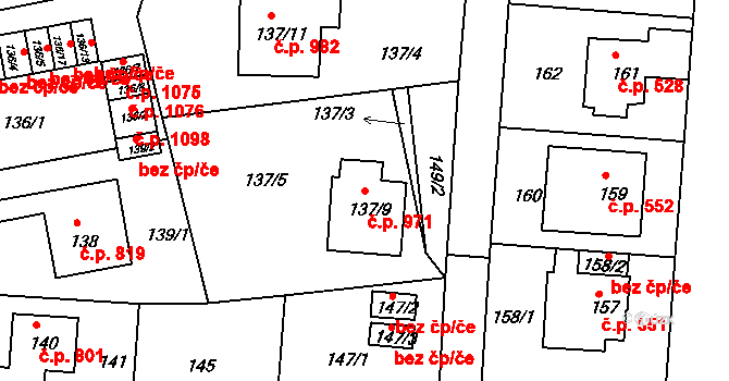 Klíše 971, Ústí nad Labem na parcele st. 137/9 v KÚ Klíše, Katastrální mapa