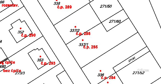 Dymokury 285 na parcele st. 337/1 v KÚ Dymokury, Katastrální mapa