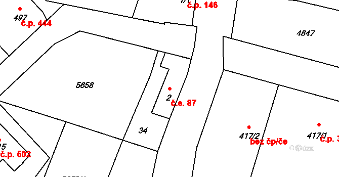 Mohelno 87 na parcele st. 2 v KÚ Mohelno, Katastrální mapa
