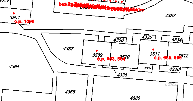Komín 663,664, Brno na parcele st. 3509 v KÚ Komín, Katastrální mapa