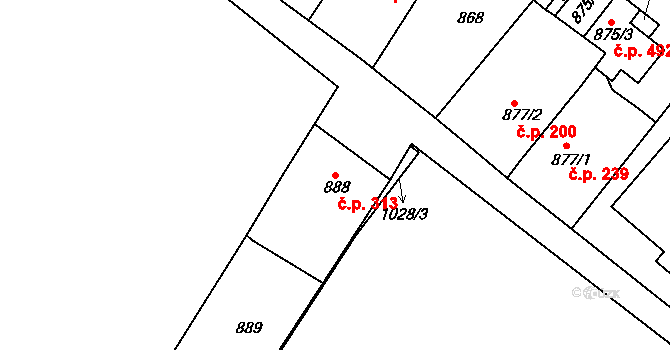 Sobědruhy 313, Teplice na parcele st. 888 v KÚ Sobědruhy, Katastrální mapa