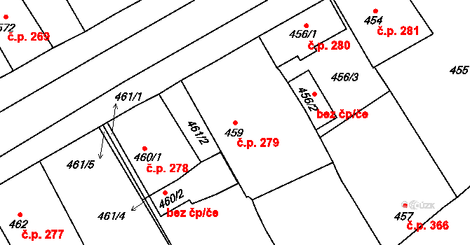 Hostomice 279 na parcele st. 459 v KÚ Hostomice pod Brdy, Katastrální mapa