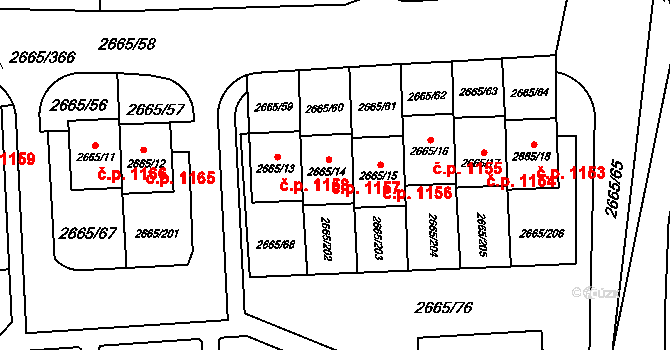Kyje 1157, Praha na parcele st. 2665/14 v KÚ Kyje, Katastrální mapa