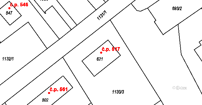 Rožmitál pod Třemšínem 517 na parcele st. 621 v KÚ Rožmitál pod Třemšínem, Katastrální mapa