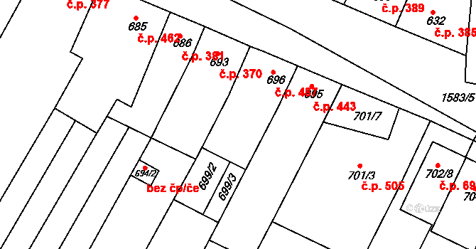 Blučina 487 na parcele st. 696 v KÚ Blučina, Katastrální mapa