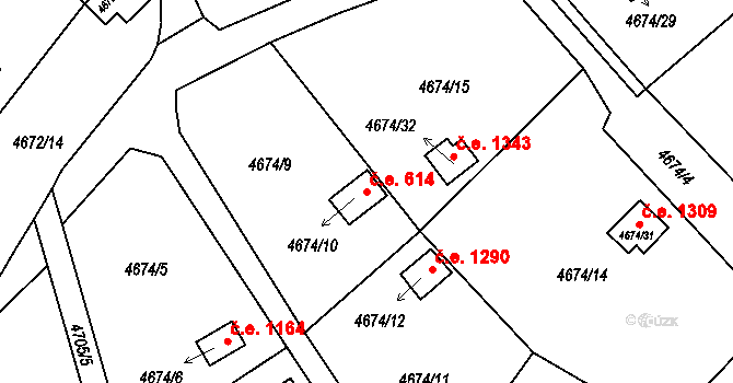 Velké Meziříčí 614 na parcele st. 4674/10 v KÚ Velké Meziříčí, Katastrální mapa