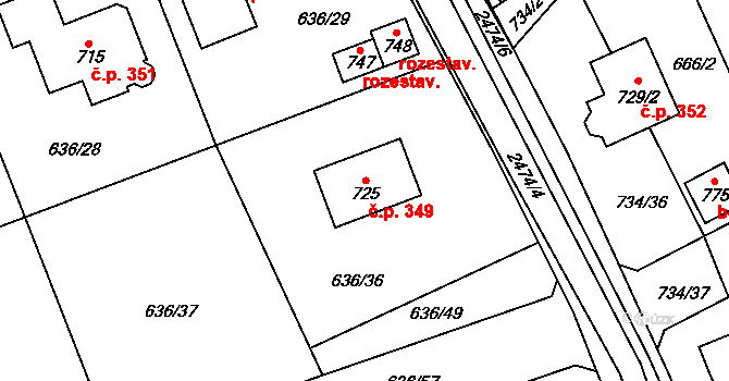 Klenčí pod Čerchovem 349 na parcele st. 725 v KÚ Klenčí pod Čerchovem, Katastrální mapa