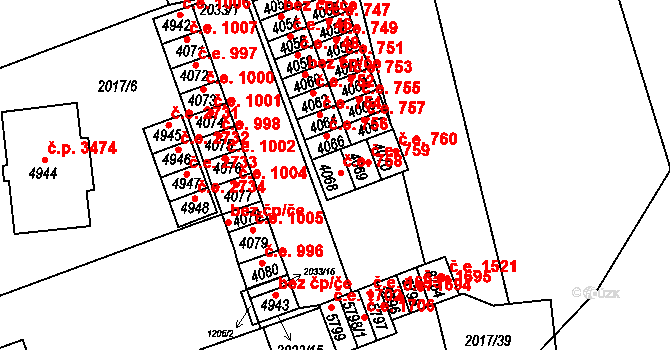 Hodonín 758 na parcele st. 4068 v KÚ Hodonín, Katastrální mapa