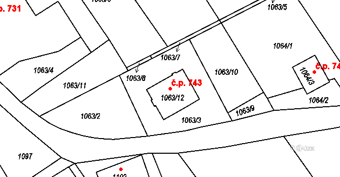 Šluknov 743 na parcele st. 1063/12 v KÚ Šluknov, Katastrální mapa
