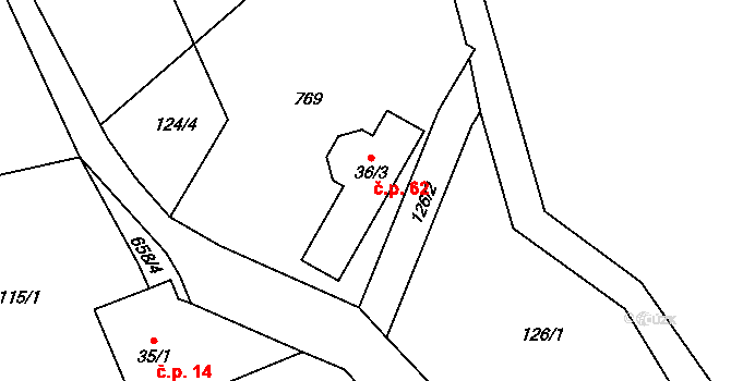 Petrkov 62, Lípa na parcele st. 36/3 v KÚ Petrkov, Katastrální mapa