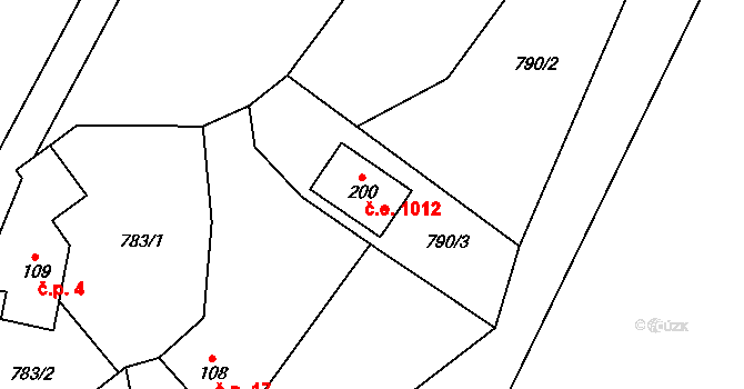 Milotice 1012, Čestín na parcele st. 200 v KÚ Čestín, Katastrální mapa