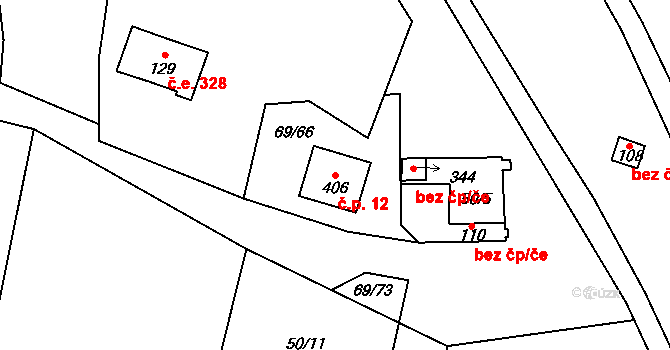 Podhoří 12, Cheb na parcele st. 406 v KÚ Podhoří u Chebu, Katastrální mapa