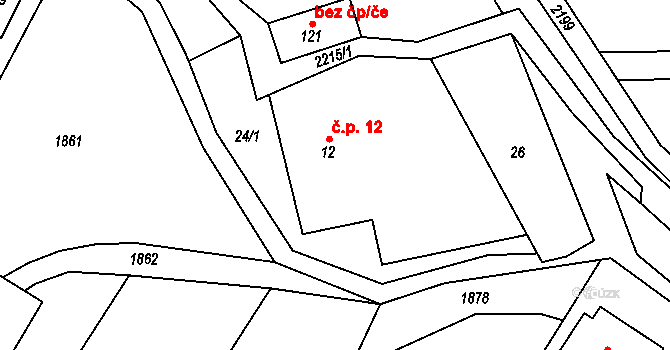 Radostín nad Oslavou 12 na parcele st. 12 v KÚ Radostín nad Oslavou, Katastrální mapa