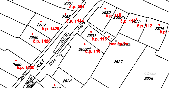 Kunovice 116 na parcele st. 2632/1 v KÚ Kunovice u Uherského Hradiště, Katastrální mapa