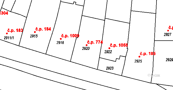 Kunovice 774 na parcele st. 2920 v KÚ Kunovice u Uherského Hradiště, Katastrální mapa