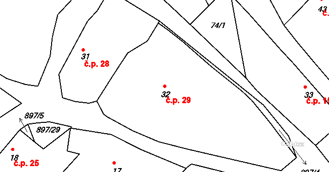 Svučice 29, Mišovice na parcele st. 32 v KÚ Svučice, Katastrální mapa