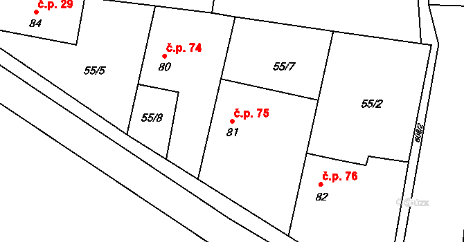 Hustířany 75, Velichovky na parcele st. 81 v KÚ Hustířany, Katastrální mapa