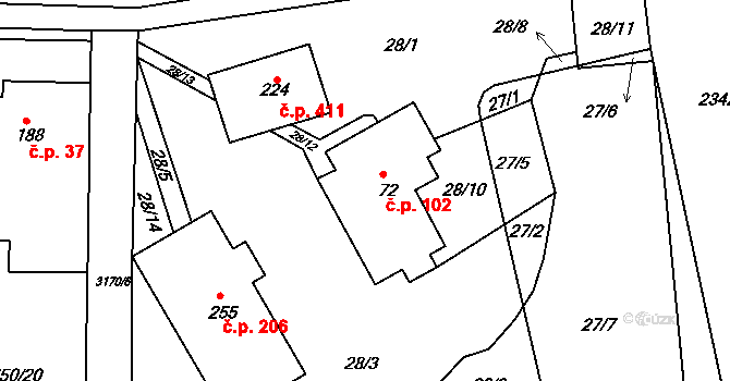 Drnovice 102 na parcele st. 72 v KÚ Drnovice, Katastrální mapa