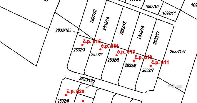 Kamenice nad Lipou 614 na parcele st. 2832/4 v KÚ Kamenice nad Lipou, Katastrální mapa