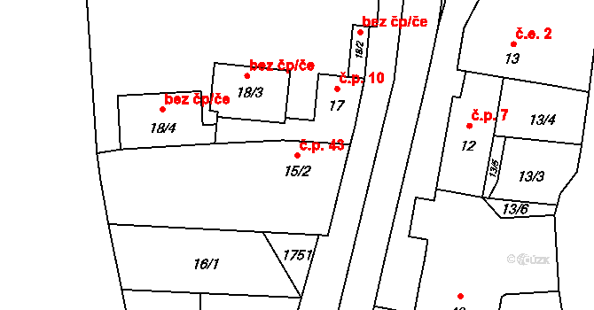 Blatno 43 na parcele st. 15/2 v KÚ Blatno u Podbořan, Katastrální mapa