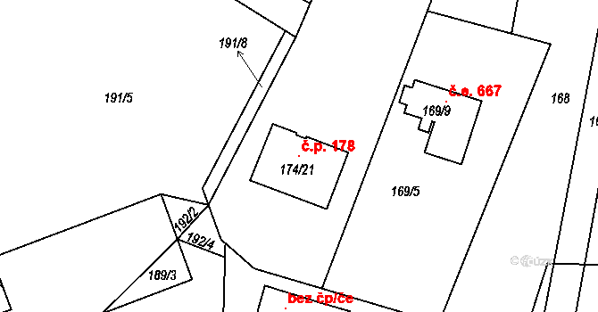 Zahořany 178 na parcele st. 174/21 v KÚ Zahořany u Mníšku pod Brdy, Katastrální mapa
