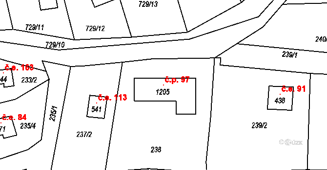 Javorník 97, Čtyřkoly na parcele st. 1205 v KÚ Čtyřkoly, Katastrální mapa
