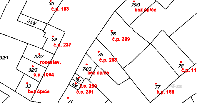 Modřice 285 na parcele st. 75 v KÚ Modřice, Katastrální mapa