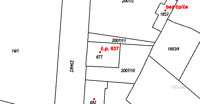 Tišnov 637 na parcele st. 677 v KÚ Tišnov, Katastrální mapa