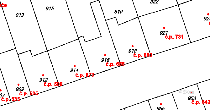 Lužice 656 na parcele st. 916 v KÚ Lužice u Hodonína, Katastrální mapa