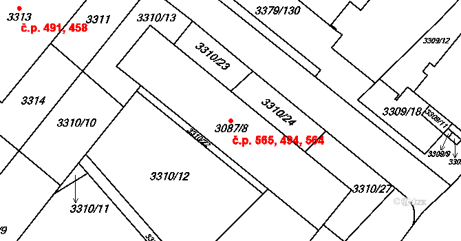 Dědice 494,564,565, Vyškov na parcele st. 3087/8 v KÚ Vyškov, Katastrální mapa