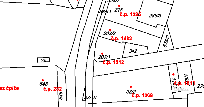 Švermov 1212, Kladno na parcele st. 203/1 v KÚ Hnidousy, Katastrální mapa