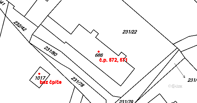 Raškovice 571,572 na parcele st. 686 v KÚ Raškovice, Katastrální mapa