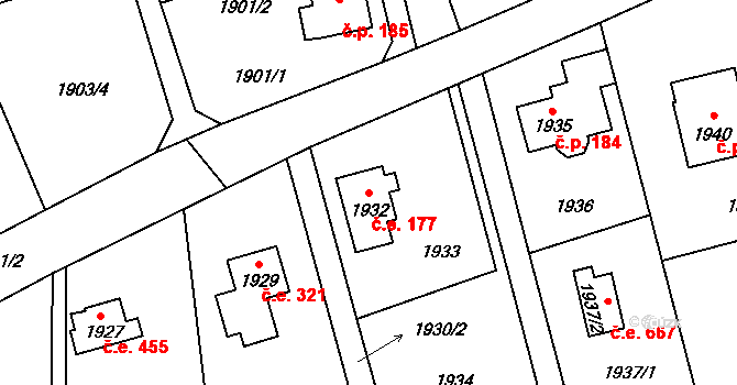 Rovina 177, Hlásná Třebaň na parcele st. 1932 v KÚ Hlásná Třebaň, Katastrální mapa