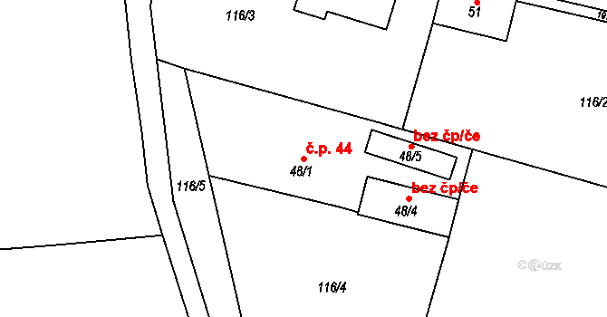 Lužce 44 na parcele st. 48/1 v KÚ Lužce, Katastrální mapa