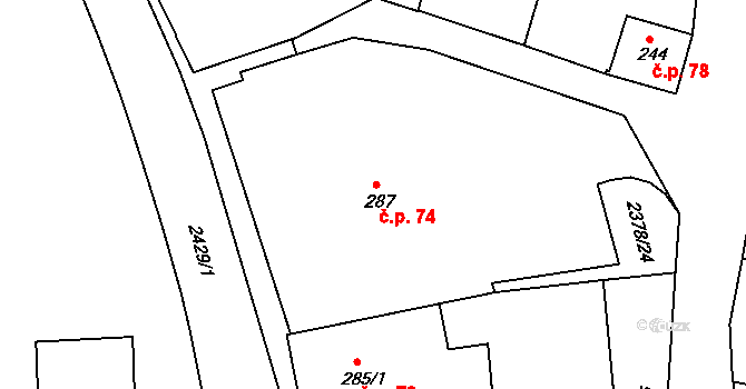 Bystré 74 na parcele st. 287 v KÚ Bystré u Poličky, Katastrální mapa