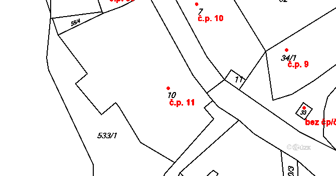 Čeňovice 11, Teplýšovice na parcele st. 10 v KÚ Čeňovice, Katastrální mapa