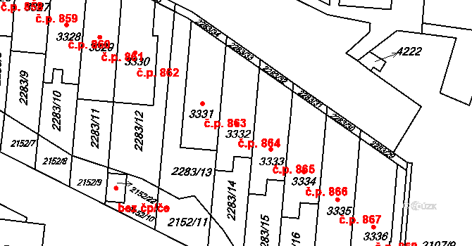 Komín 864, Brno na parcele st. 3332 v KÚ Komín, Katastrální mapa