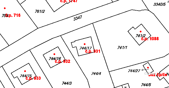 Pelhřimov 931 na parcele st. 744/17 v KÚ Pelhřimov, Katastrální mapa