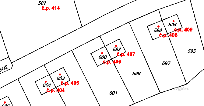 Svatava 406 na parcele st. 600 v KÚ Svatava, Katastrální mapa