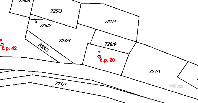 Orasín 20, Boleboř na parcele st. 70 v KÚ Orasín, Katastrální mapa