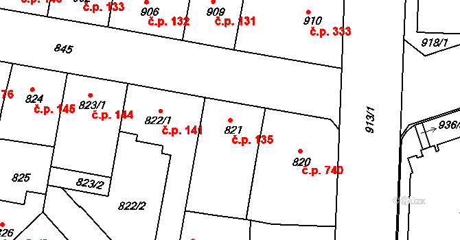 Žižkov 135, Praha na parcele st. 821 v KÚ Žižkov, Katastrální mapa