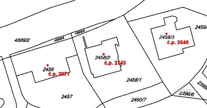 Smíchov 2743, Praha na parcele st. 2458/2 v KÚ Smíchov, Katastrální mapa