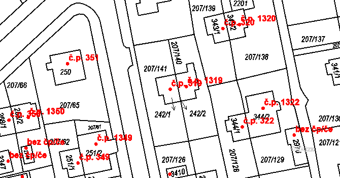 Sezimovo Ústí 319 na parcele st. 242/1 v KÚ Sezimovo Ústí, Katastrální mapa