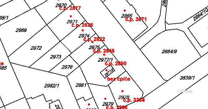 Chomutov 2890 na parcele st. 2977/1 v KÚ Chomutov II, Katastrální mapa