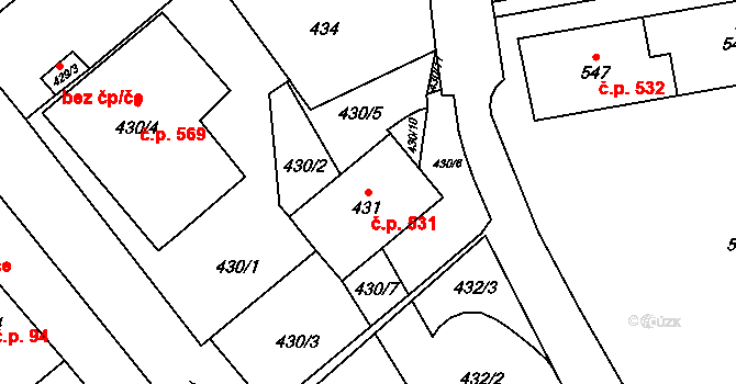 Zbýšov 531 na parcele st. 431 v KÚ Zbýšov u Oslavan, Katastrální mapa