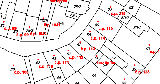 Fryštát 113, Karviná na parcele st. 52 v KÚ Karviná-město, Katastrální mapa