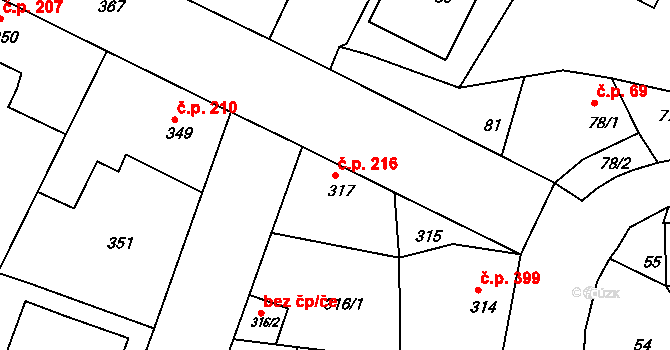 Týnec nad Labem 216 na parcele st. 317 v KÚ Týnec nad Labem, Katastrální mapa