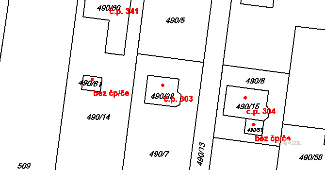 Staré Hodějovice 303 na parcele st. 490/38 v KÚ Staré Hodějovice, Katastrální mapa