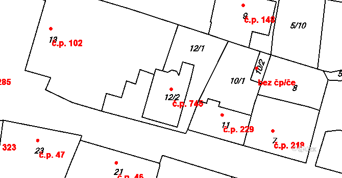 Střelice 745 na parcele st. 12/2 v KÚ Střelice u Brna, Katastrální mapa